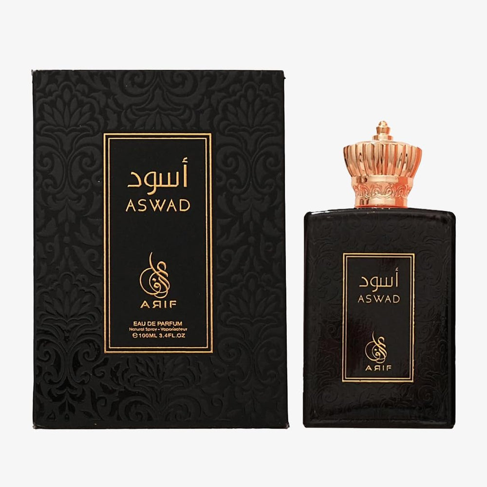 ARIF Aswad bottle front view showing premium packaging and long lasting scent