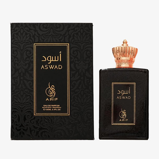 ARIF Aswad bottle front view showing premium packaging and long lasting scent