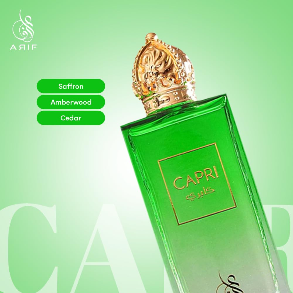 ARIF Capri base notes cedar and incense in a warm, woody scene.