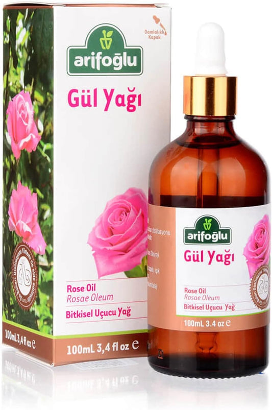 Arifoğlu Rose Oil bottle close-up, highlighting pure Rosae Oleum for skincare and fragrance