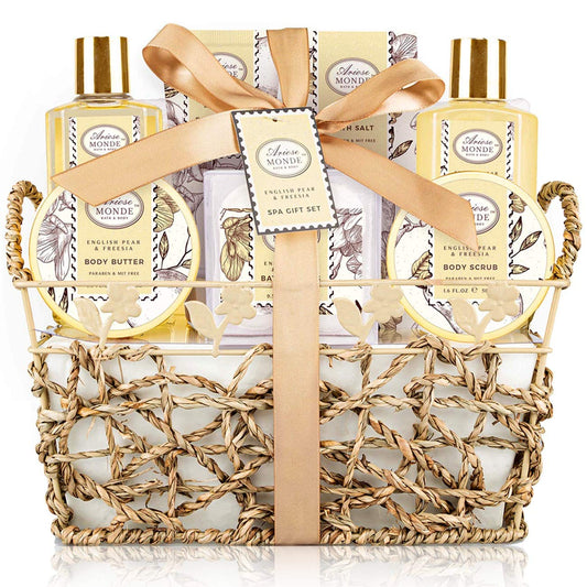 ArioseMonde gift basket on display with English Pear and Freesia for gifting