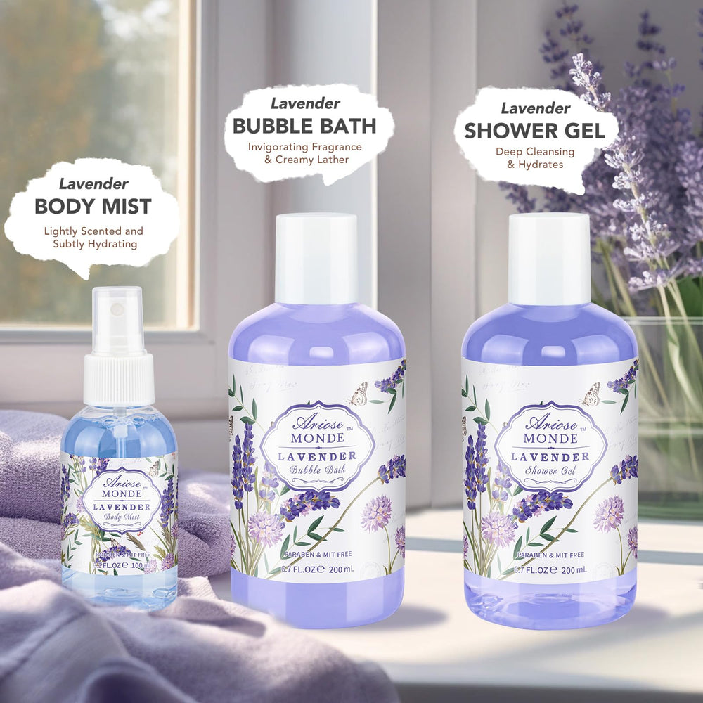 ArioseMonde lavender gift set with bubble bath for relaxing evening soak.