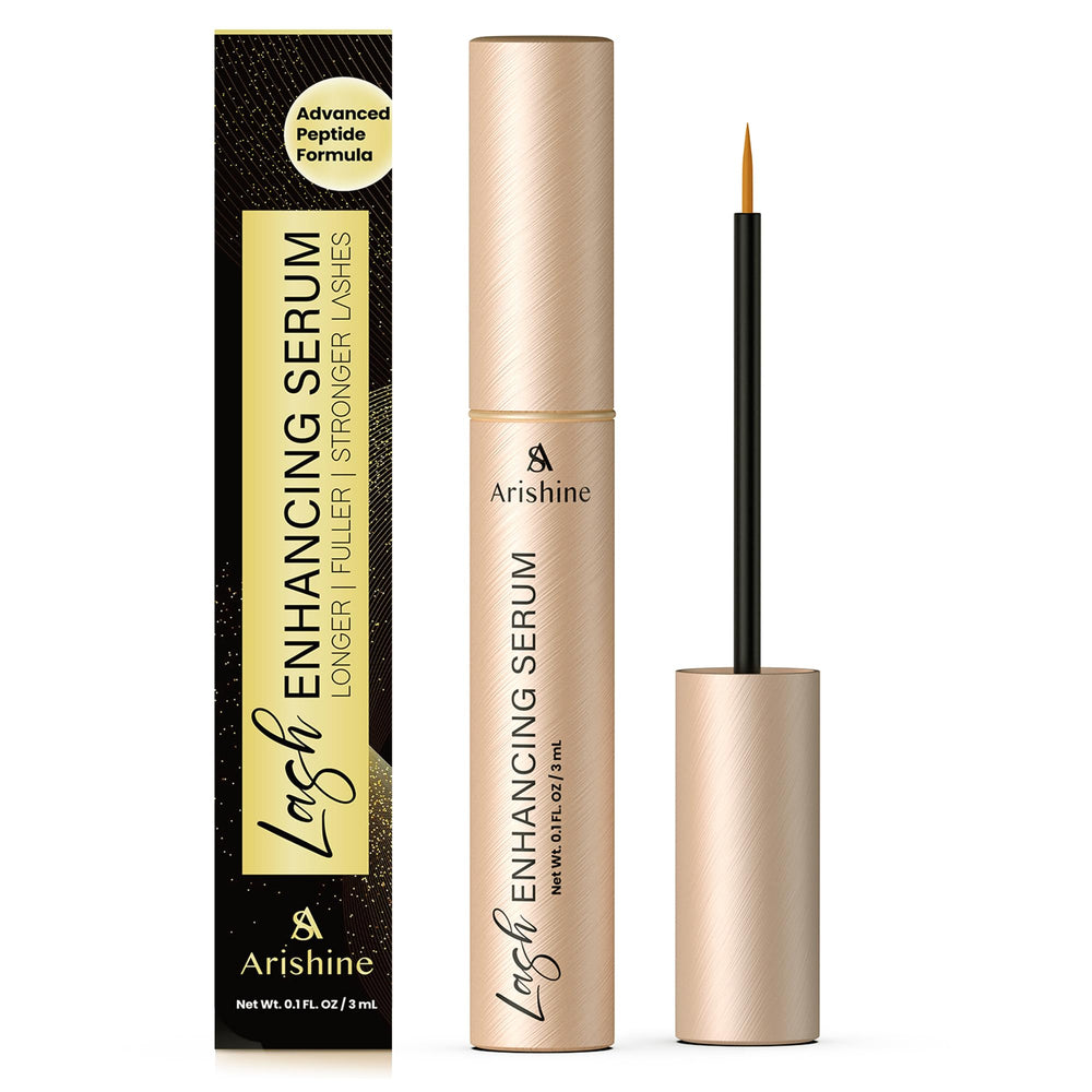 Arishine Eyelash Growth Serum bottle closeup showing peptide formula for lashes
