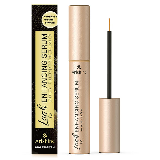 Arishine Eyelash Growth Serum bottle closeup showing peptide formula for lashes