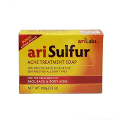 Aari Sulfur acne treatment soap packaging shown for clear skincare goals