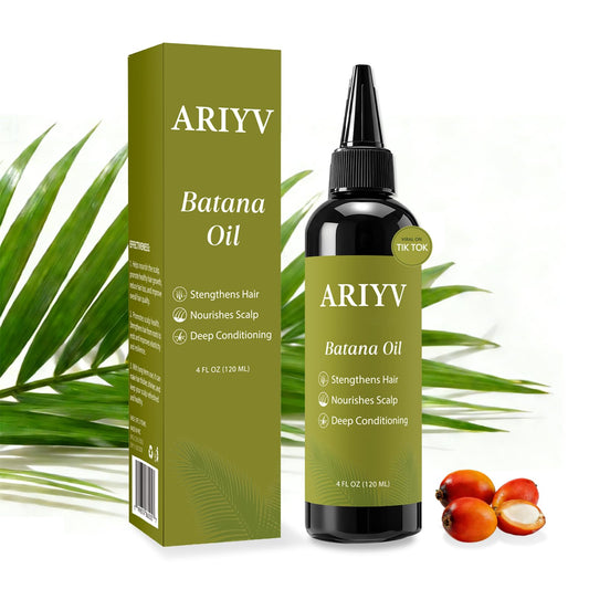 Ariyv Batana Oil bottle with droplets for nourishing scalp.
