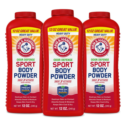Arm & Hammer Sport Body Powder bottle displayed for long-lasting freshness