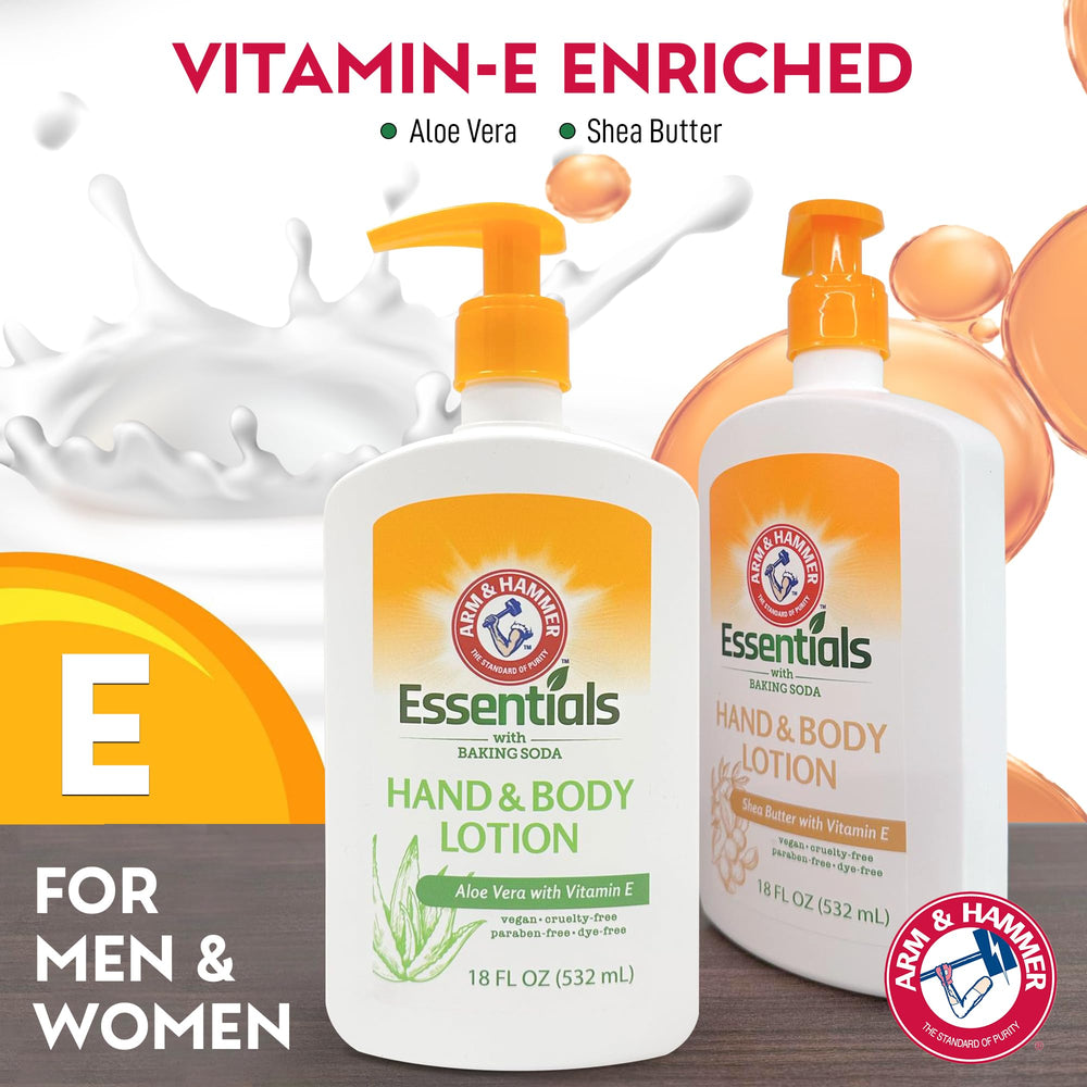 Arm and Hammer Essentials Aloe Vera lotion application highlights soothing, non-greasy hydration.
