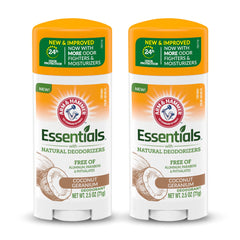 Arm and Hammer Essentials deodorant packaging highlights coconut geranium scent for daily freshness.