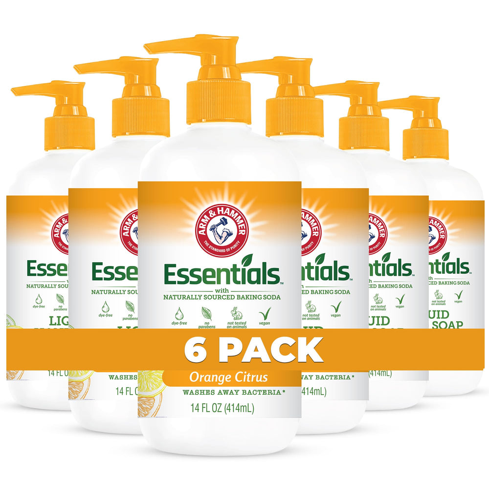 Arm & Hammer orange citrus liquid hand soap bottle on sink with refreshing fragrance.