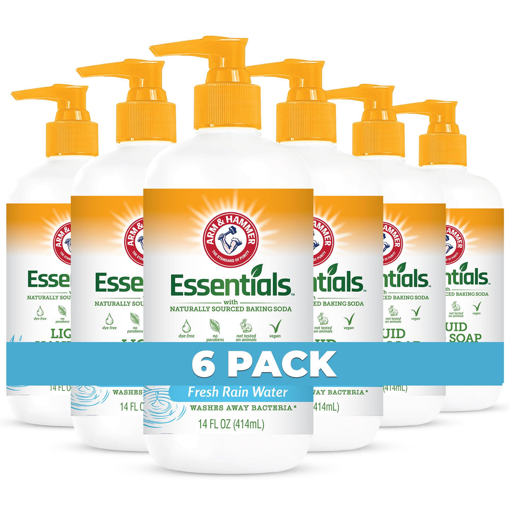 Arm & Hammer six-pack liquid hand soap bottles for daily kitchen and bathroom cleansing.