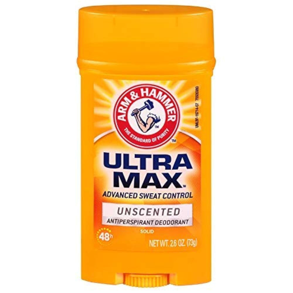 Arm & Hammer Ultramax invisible solid unscented deodorant stick with clear finish and daily protection.