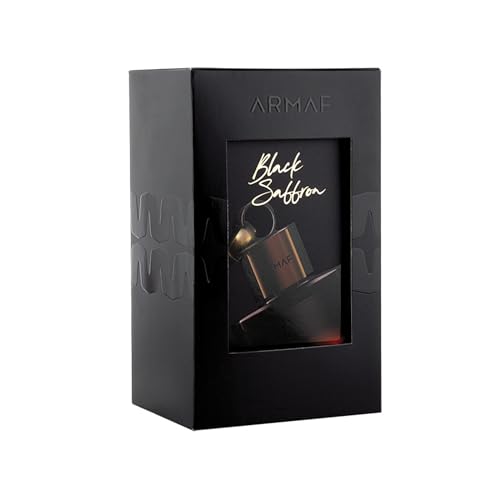 Armaf Black Saffron box display emphasizes luxury presentation and gifting appeal.