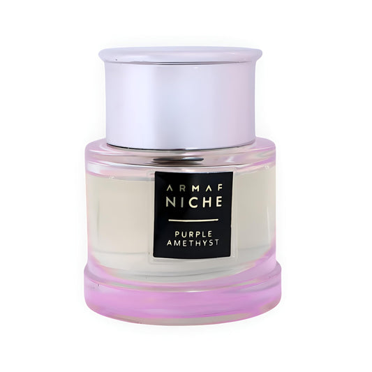 Armaf Niche Purple Amethyst bottle pour, ideal for daily floral-woody musk wear.