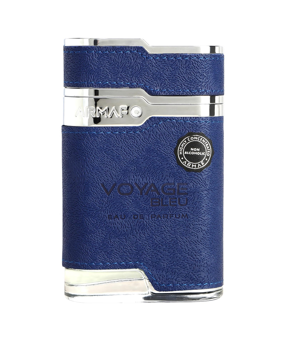 Armaf Voyage Blue bottle side view, premium masculine silhouette.