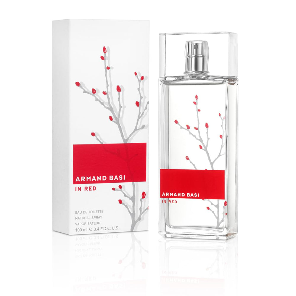 Armand Basi Red bottle close-up highlighting elegant glass and red accents for daily glamour.