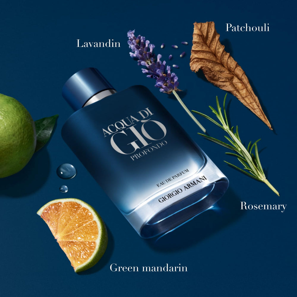 Armani Beauty Acqua di Giò Profondo bottle close-up showing luminous glass and notes.