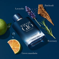 Armani Beauty Acqua di Giò Profondo bottle close-up showing luminous glass and notes.