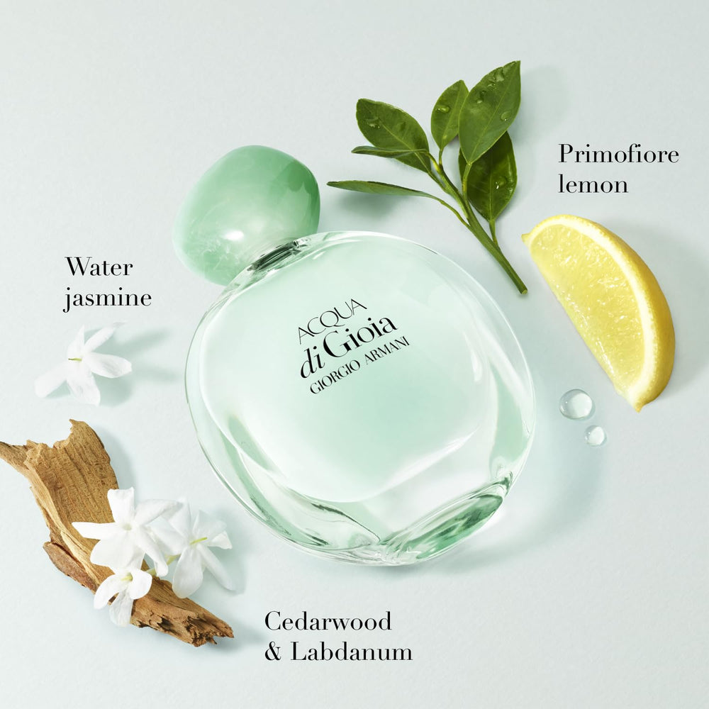 Armani Beauty Acqua di Gioia EDP bottle pour, reveals bright citrus and mint notes.