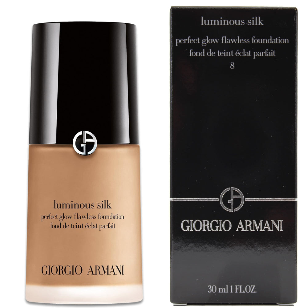 Armani Beauty Luminous Silk Foundation bottle in shade 8 Caramel with a radiant finish.