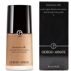 Armani Beauty Luminous Silk Foundation bottle in shade 8 Caramel with a radiant finish.