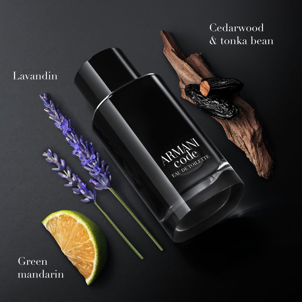 Armani Code bottle side view emphasizes sleek design and refillable concept for sustainability