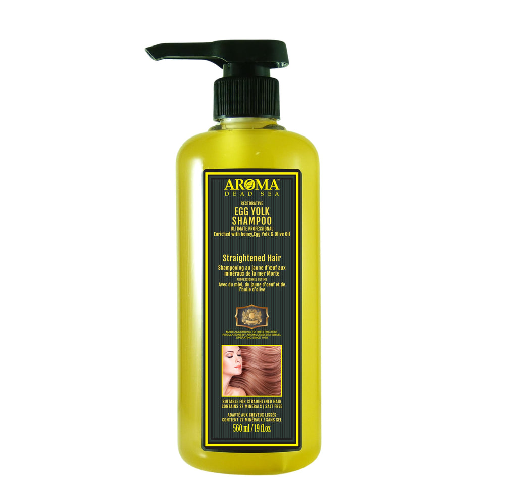 AROMA DEAD SEA Honey Egg Yolk Olive Oil Shampoo bottle showing straightened hair benefit