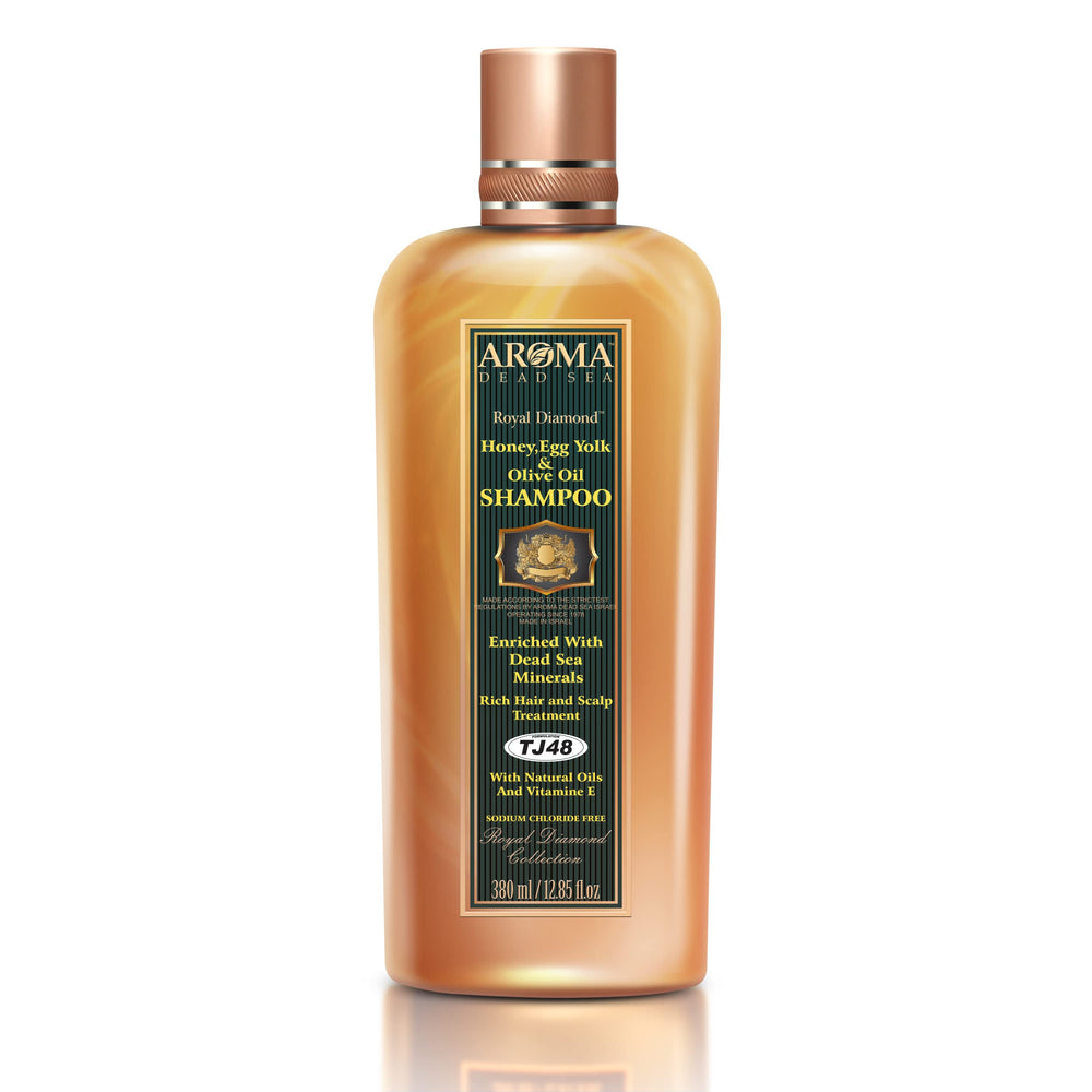 AROMA DEAD SEA Honey Egg Yolk Olive Oil Shampoo being poured for even distribution