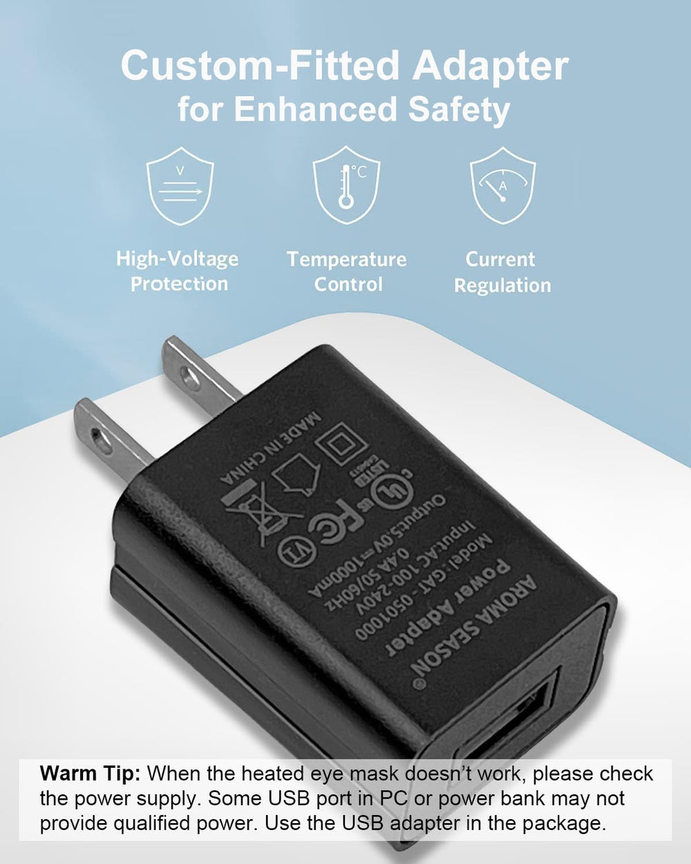 Aroma Season USB-powered eye mask connected to a power bank for portability.