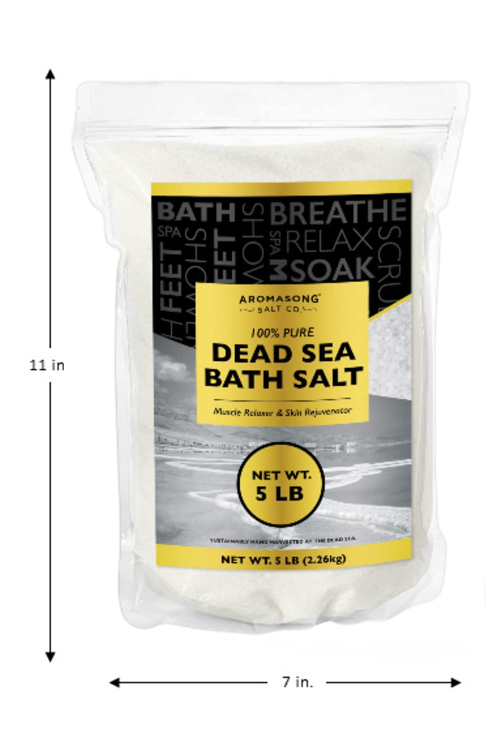Aromasong Dead Sea Bath Salt packaging close-up with reseal seal.