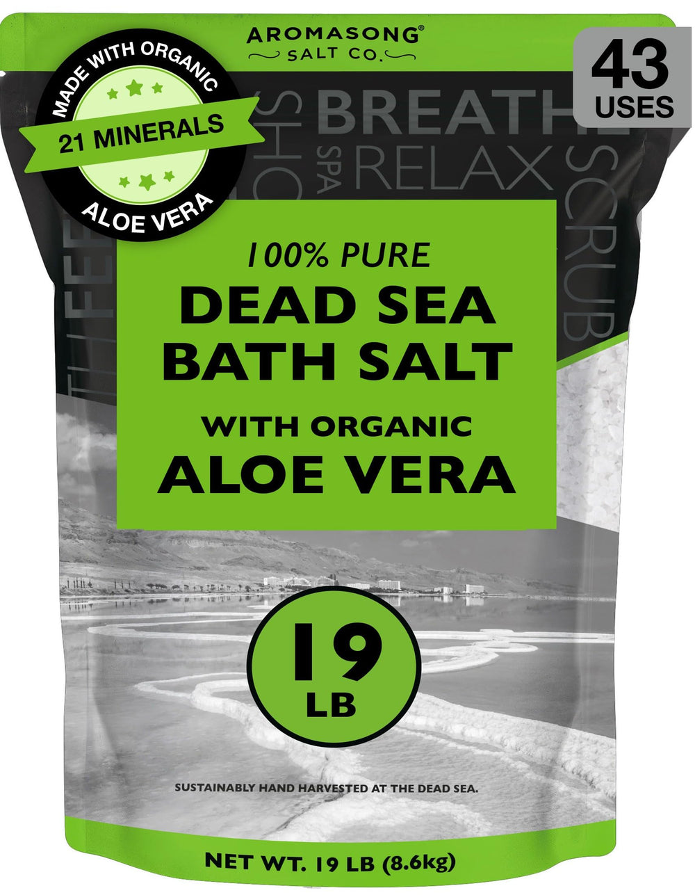 Aromasong Dead Sea Salt with Organic Aloe Vera, bag sealed, long-lasting mineral bath boost.