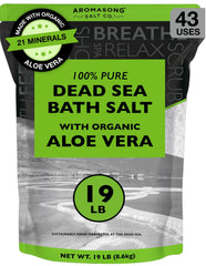 Aromasong Dead Sea Salt with Organic Aloe Vera, bag sealed, long-lasting mineral bath boost.