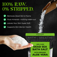 Aromasong Dead Sea Salt with Organic Aloe Vera, bag open, ready for a soothing soak.