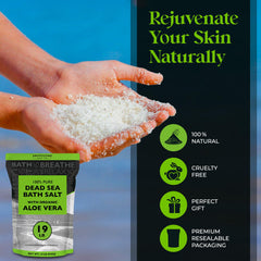 Aromasong Dead Sea Salt with Organic Aloe Vera, aloe vera leaf close-up, natural hydration support.