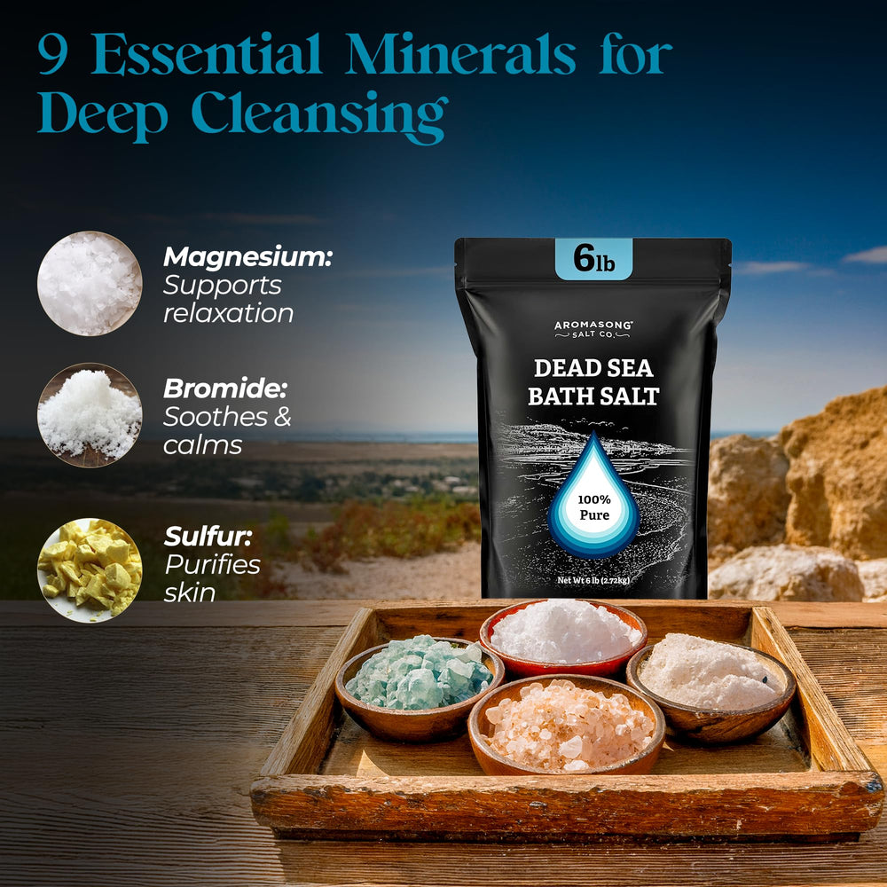 Aromasong Dead Sea Salt in a tub scene ready for a relaxing soak.