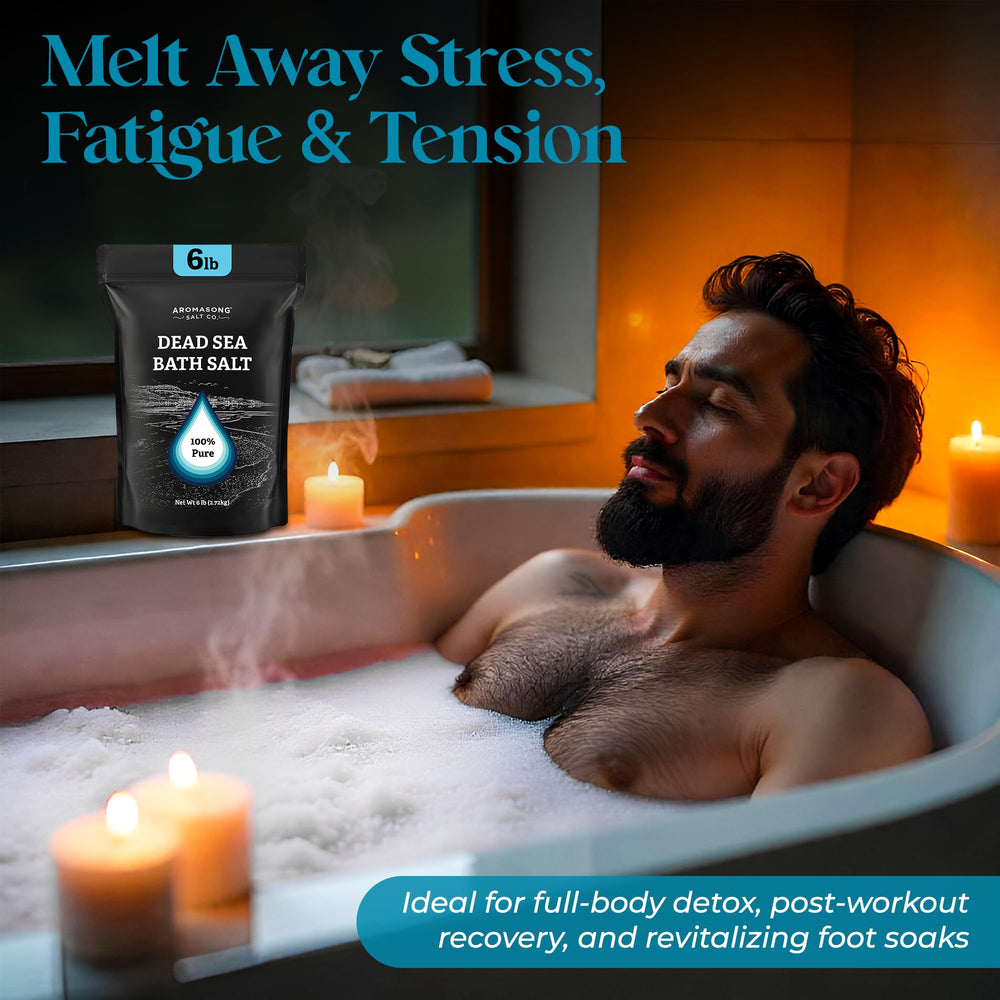 Aromasong Dead Sea Salt dissolving in warm bathwater for a soothing soak.