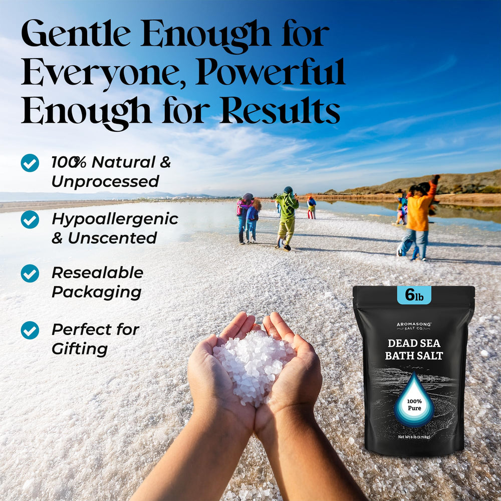 Aromasong Dead Sea Salt used for foot soak on a wooden floor.