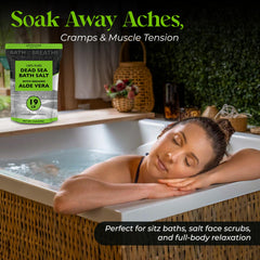 Aromasong Dead Sea Salt with Organic Aloe Vera, spa-ready bath, relaxation and relief vibes.