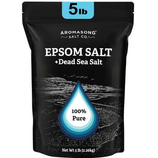 Aromasong Epsom Salt bottle pouring for a relaxing mineral bath