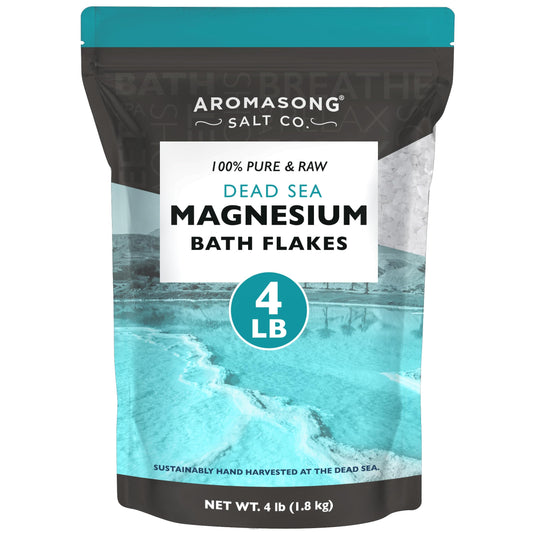 Aromasong magnesium flakes in a Dead Sea bottle closeup for a soothing bath