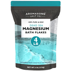 Aromasong magnesium flakes in a Dead Sea bottle closeup for a soothing bath