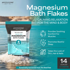 Aromasong magnesium flakes dissolving in warm bath water for a relaxing soak