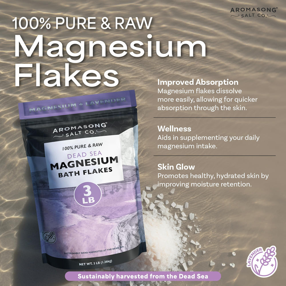Aromasong RAW magnesium bath flakes texture highlights mineral-rich crystals for a soothing bath