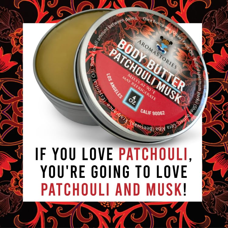 Aromastories Patchouli Musk body butter ingredients like olive oil and shea butter.