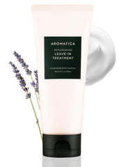 AROMATICA leave-in conditioner bottle with lavender-patchouli scent for soothing, protected curls.