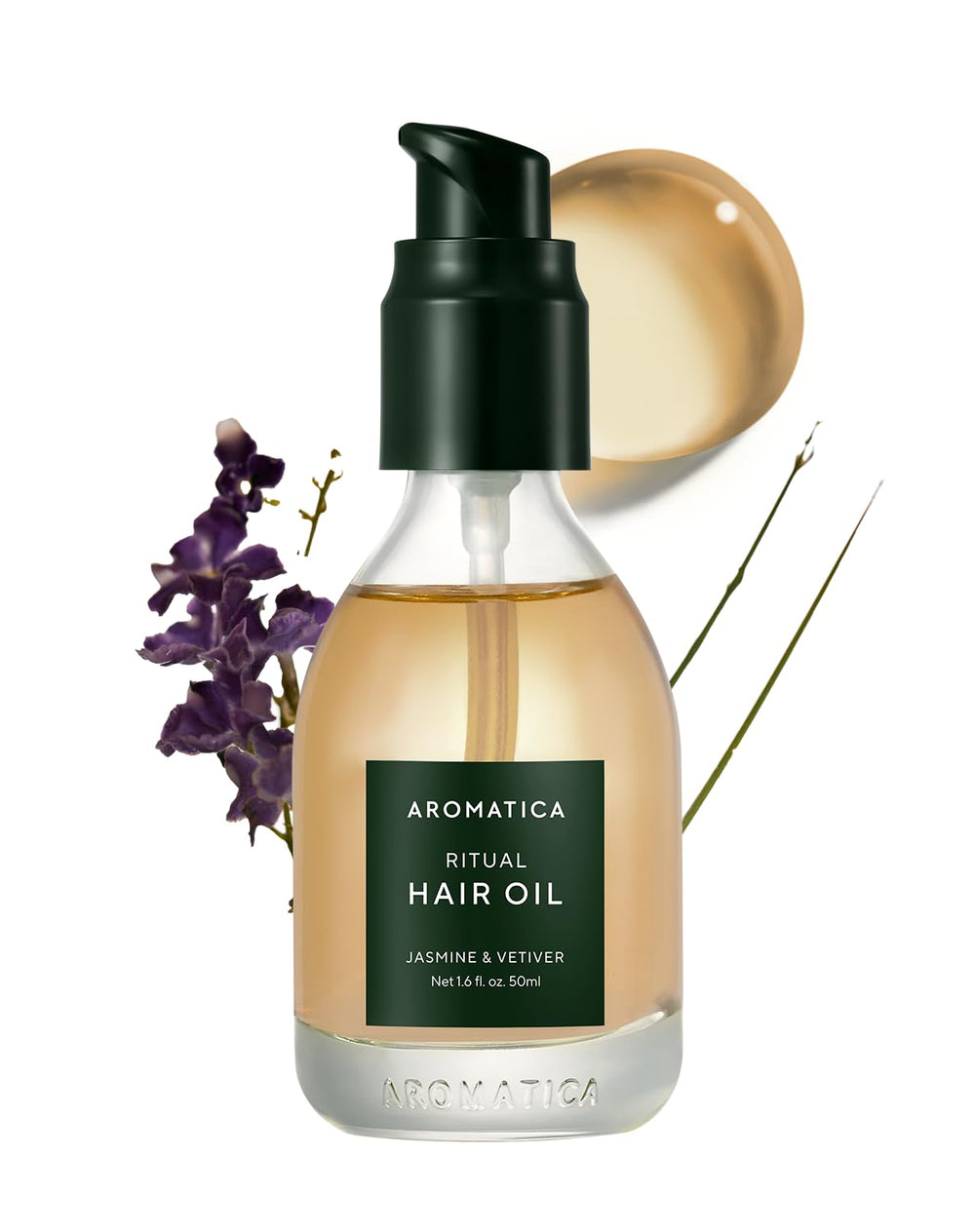 AROMATICA Ritual Jasmine & Vetiver hair oil bottle for nourishing shine on dry hair.
