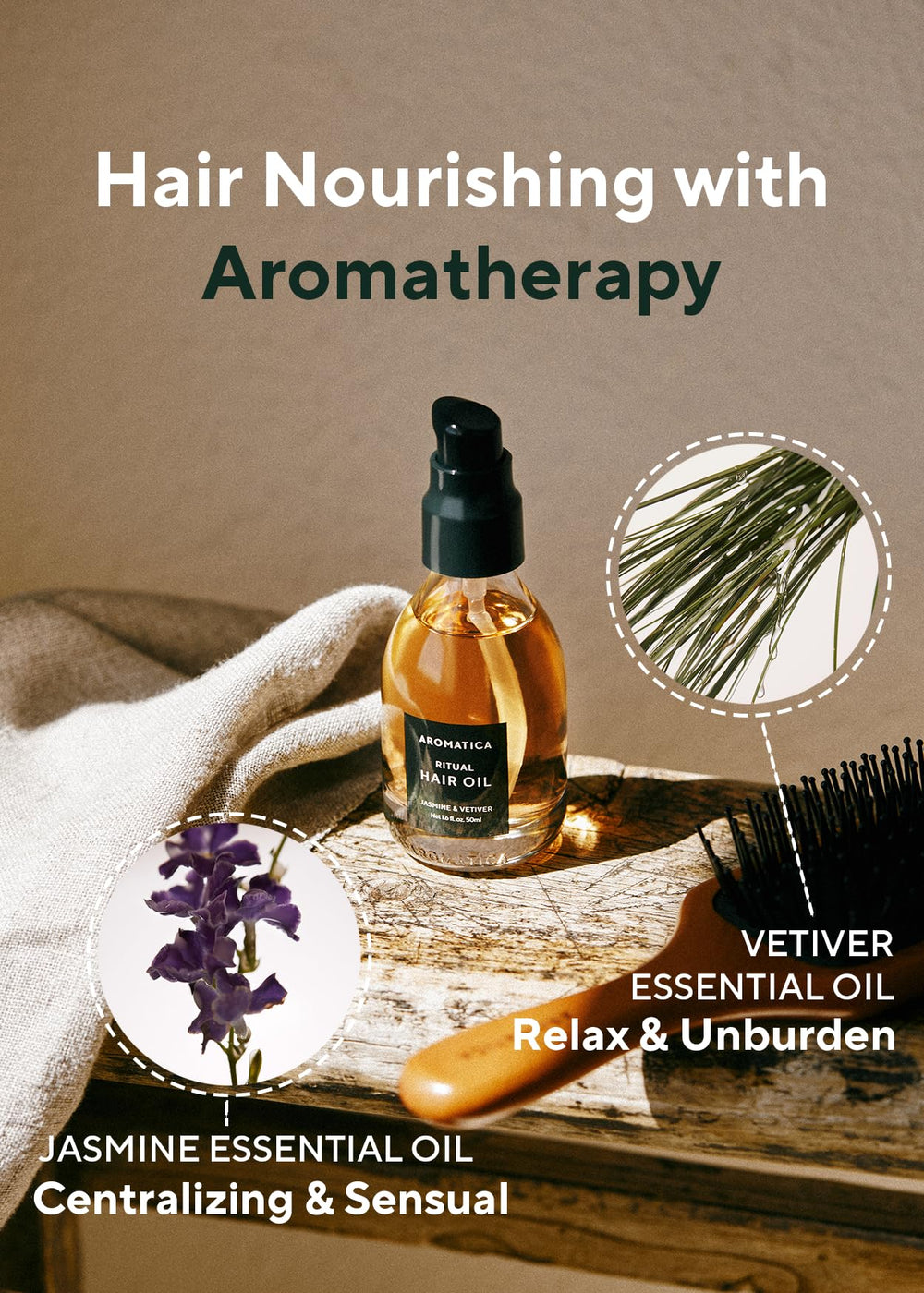 AROMATICA Ritual Jasmine & Vetiver bottle with pump for easy daily smoothing.