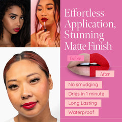 Aromi liquid lipstick application glide demonstrates easy, silky layer on lips.