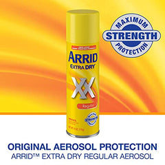 Label close-up on Arrid Extra Dry highlighting freshness and protection