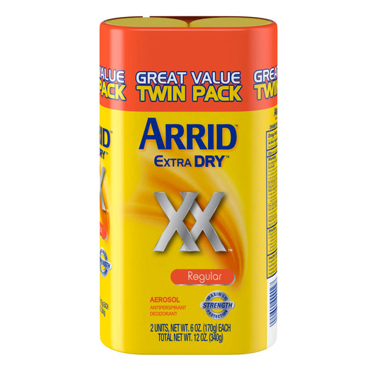 Arrid XX Extra Dry twin-pack spray bottles offer all-day freshness.